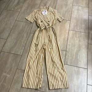 NWT Anthropologie J.O.A. Double-Breasted Striped Jumpsuit in Neutral Motif